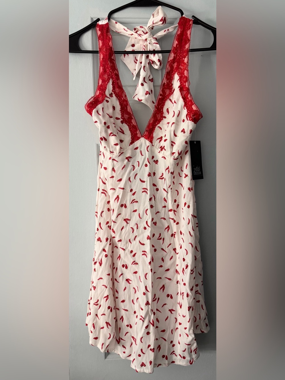 🌶️Chili Red Trim White Halter Dress - Medium Wild Fable